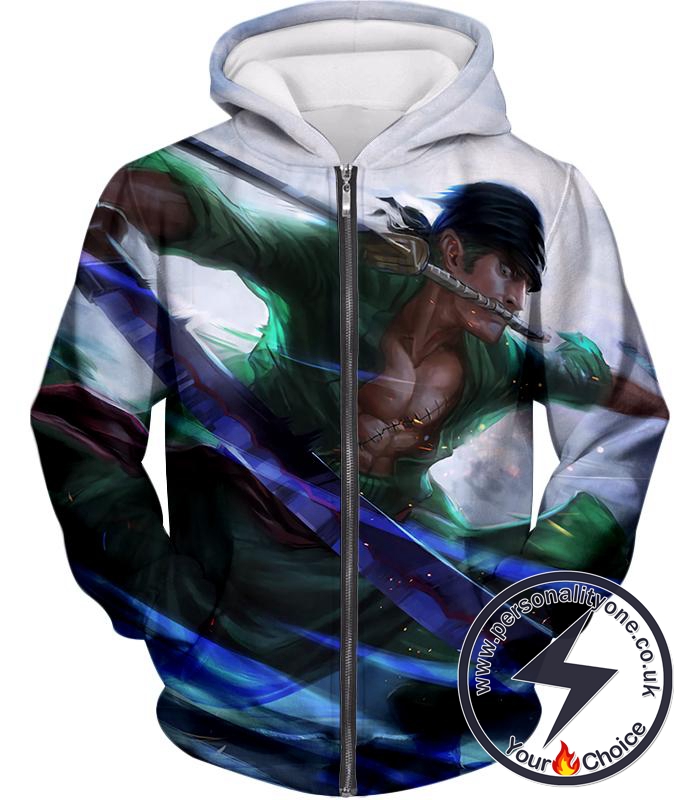 One Piece Awesome Swordsman Roronoa Zoro Action White Zip Up Hoodie